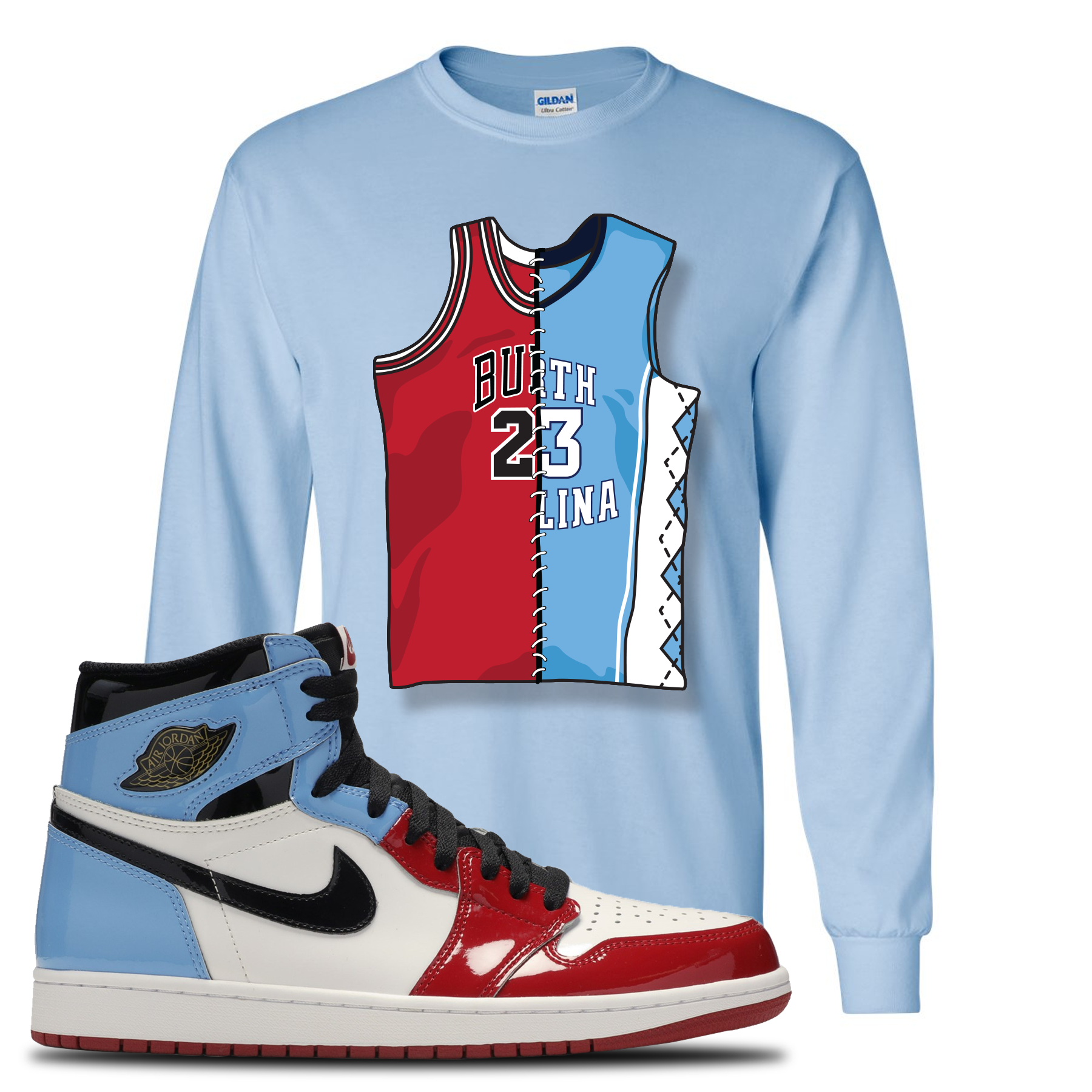 red and light blue jersey