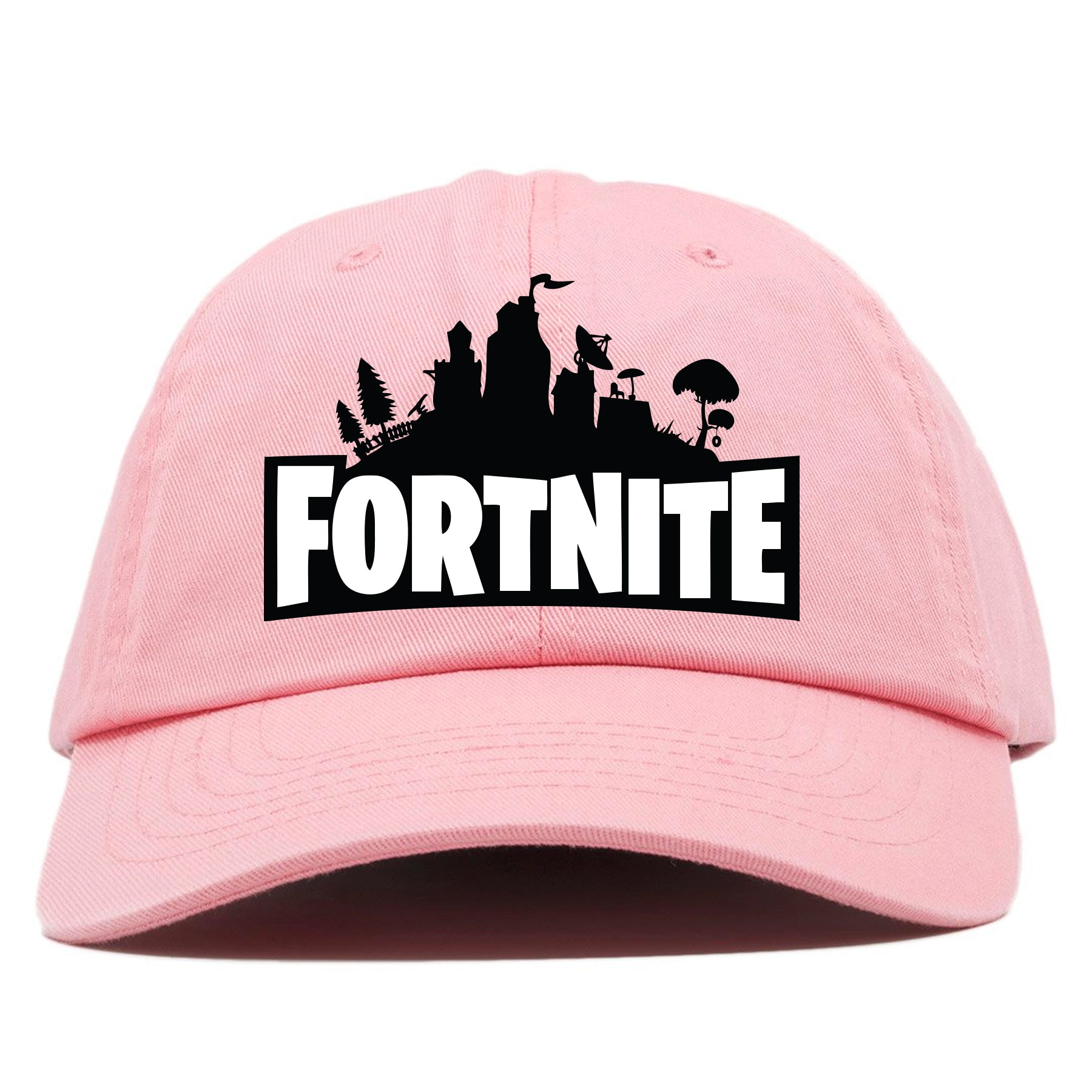 Fortnite Battle Royale Inspired Pink Dad Hat Cap Swag - on the front of the fortnite pink dad hat the fortnite logo is embroidered in