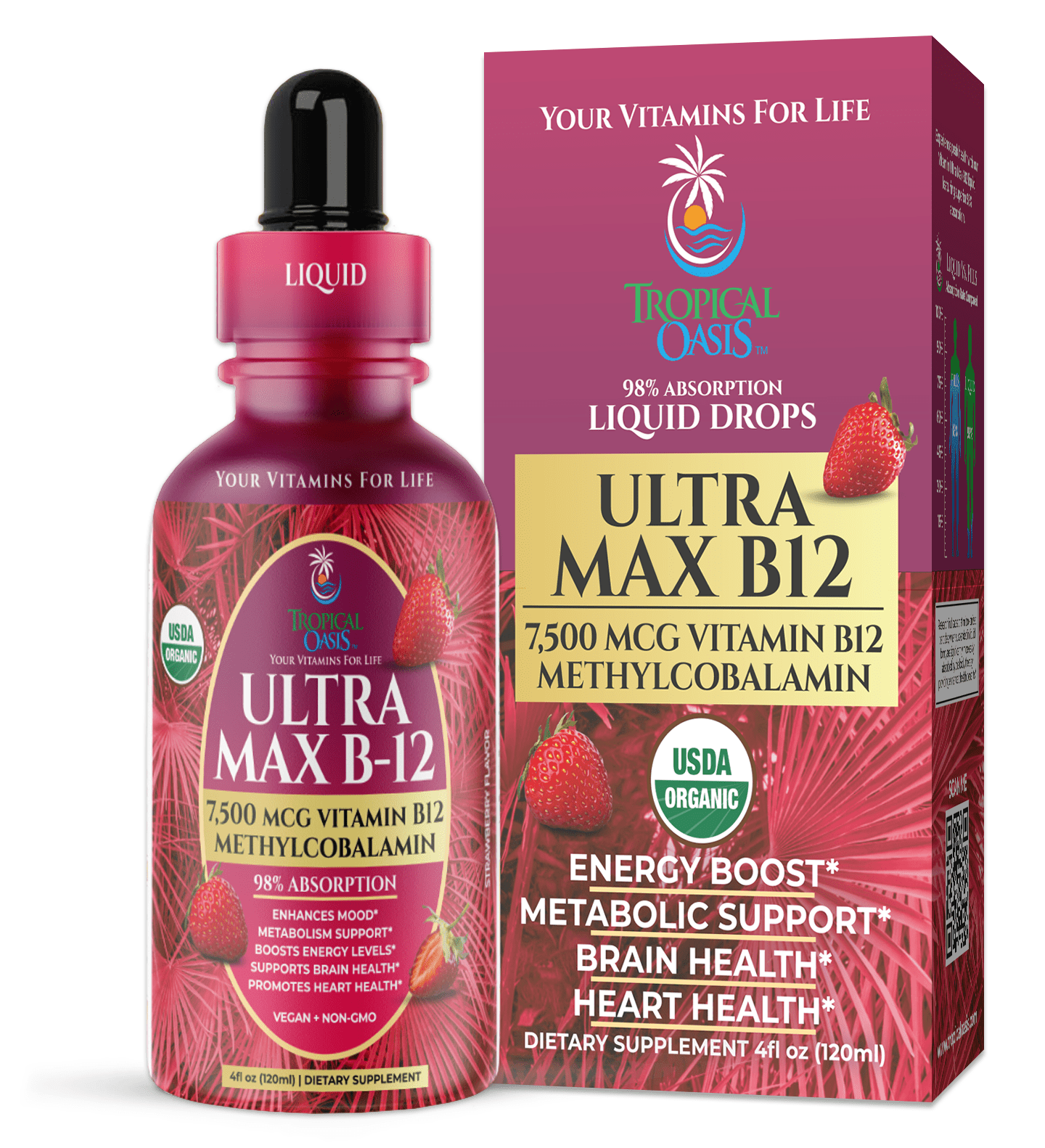 USDA Organic Ultra Max B12 | Superdose 7500mcg Vitamin B12 Liquid Drops | Methyl B12 (Methylcobalamin) | Max 98% Absorption Rate - Tropical Oasis Liquid Vitamins product image