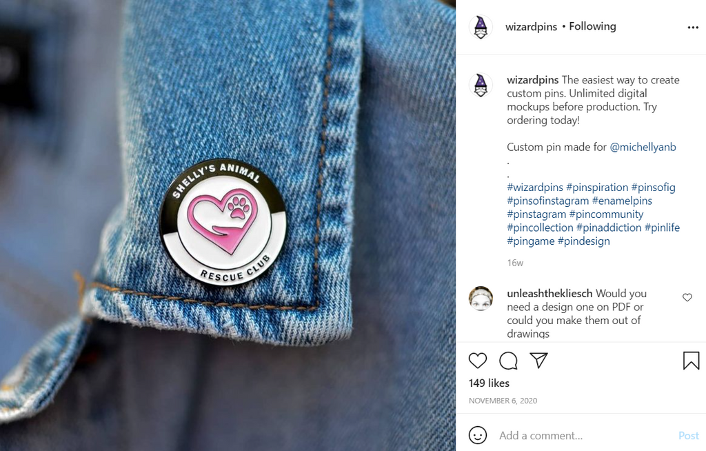 Instagram screenshot of an enamel pin on a jean jacket collar