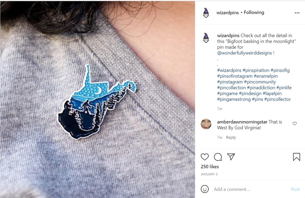 Instagram screenshot of an enamel pin on a shirt