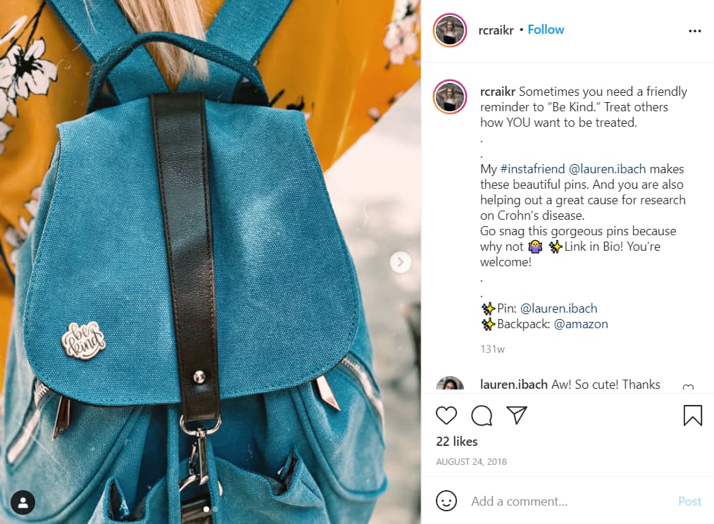 Instagram screenshot of a backpack with an enamel pin attached