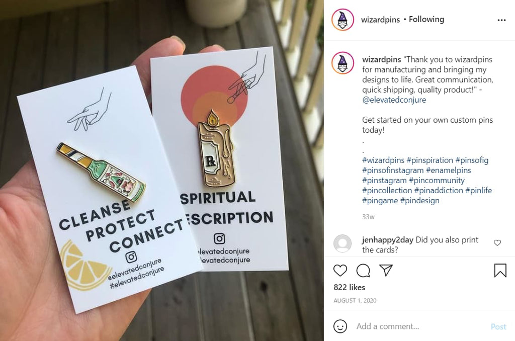 A screenshot of an Instagram post showing enamel pins on backer cards