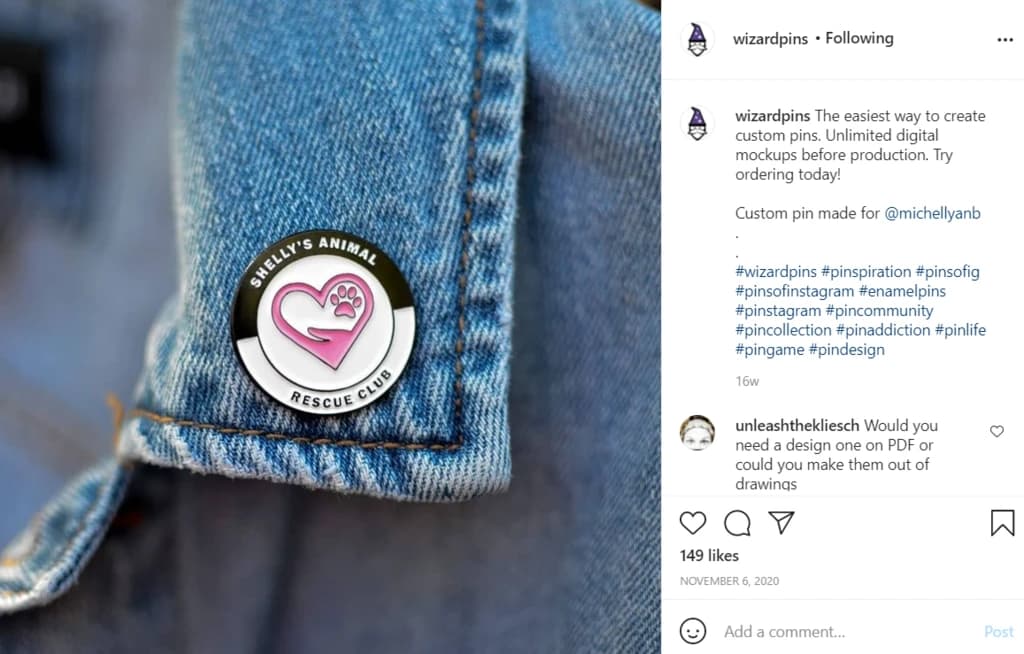 screenshot of Instagram post showing a promotional enamel pin