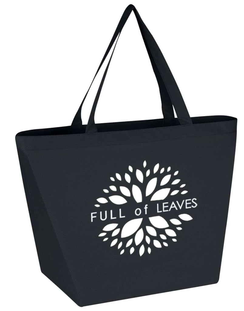 Black promotional tote bag from Full of Leaves