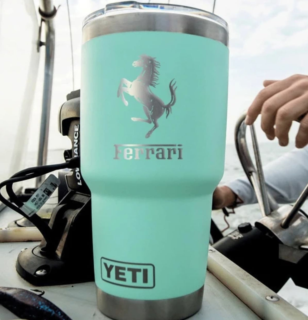 Yeti drink tumbler with Ferrari logo