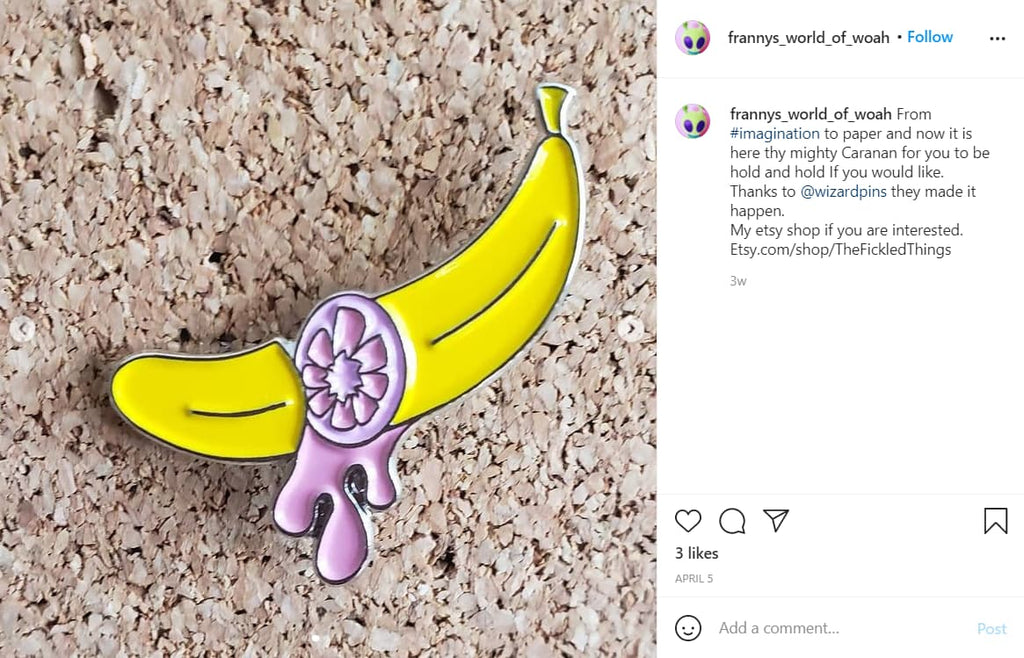 Screenshot of an Instagram post with a banana-shaped enamel pin