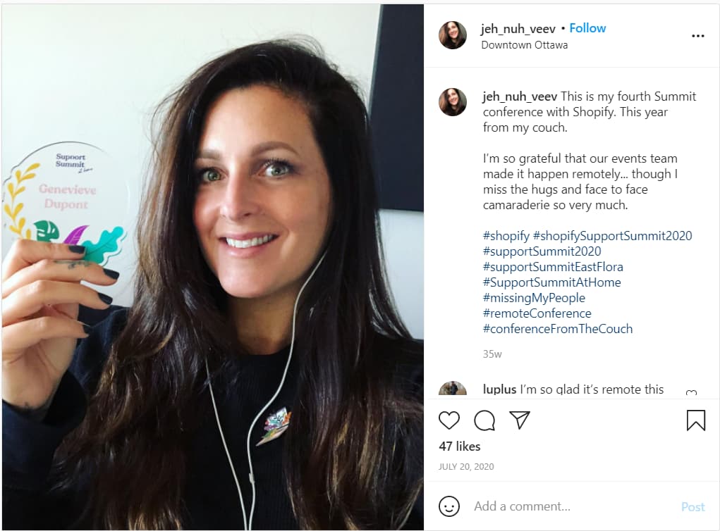 Instagram screenshot of a woman wearing an enamel pin