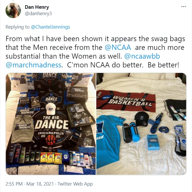 Screenshot of a tweet showing the disparity between the men's and women's NCAA Tournament swag bags 