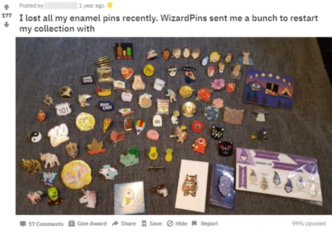 Screenshot of a Reddit showing a large enamel pin collection