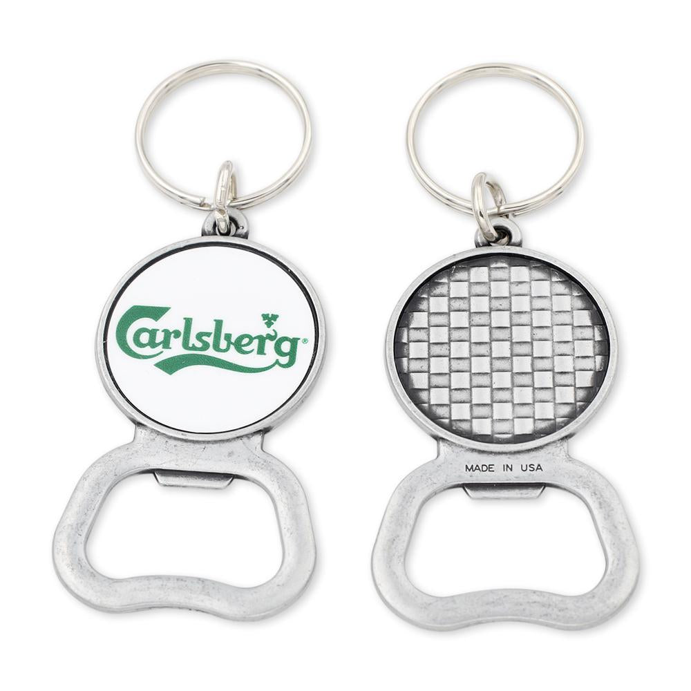 custom carlsberg beer bottle opener with silver metal and keychain attachment