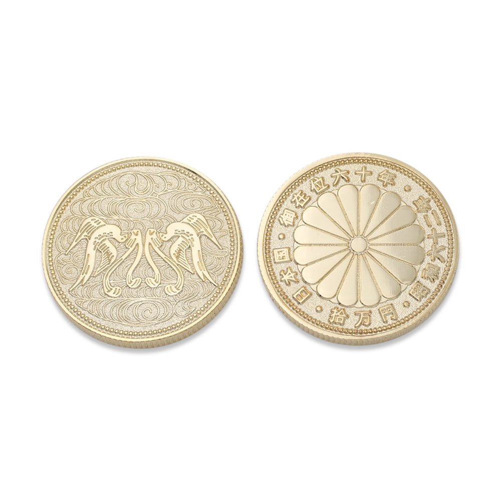 front and back of custom coin with gold metal plating