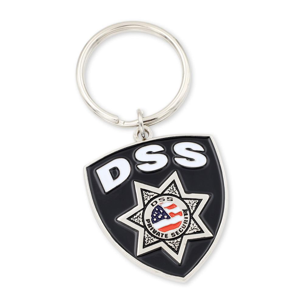 Police badge shield custom keychain with department badge and bold enamel coloring red white and blue flag 