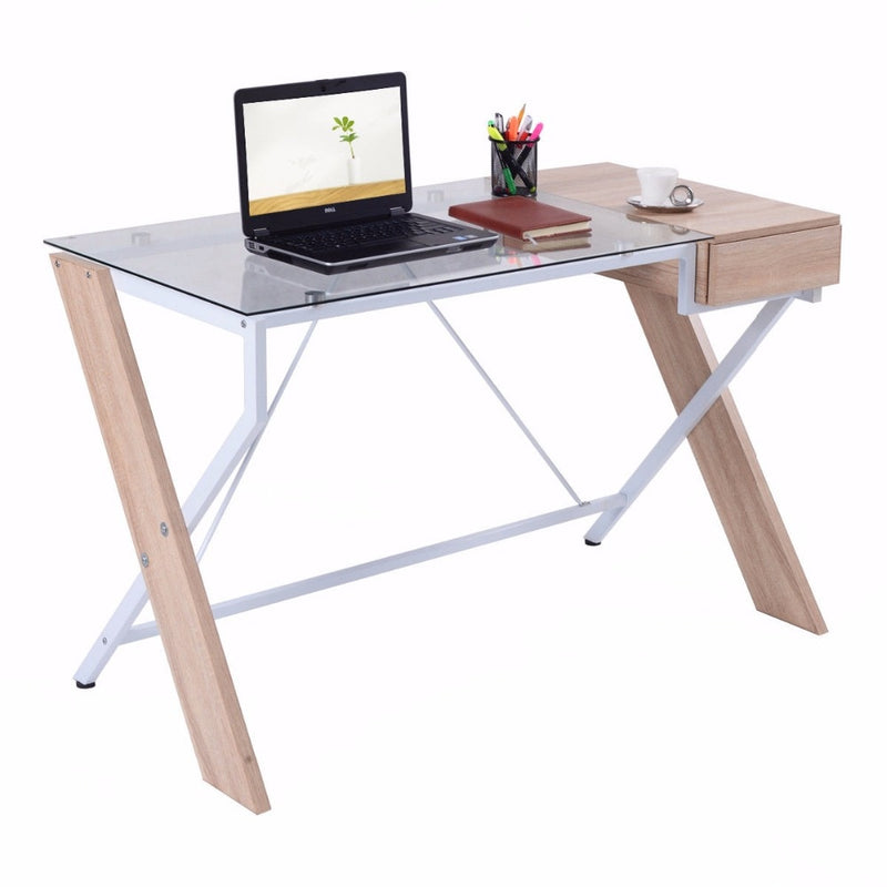 Glass Desk Wood Metal Frame Glass Top Home Office Computer Desk