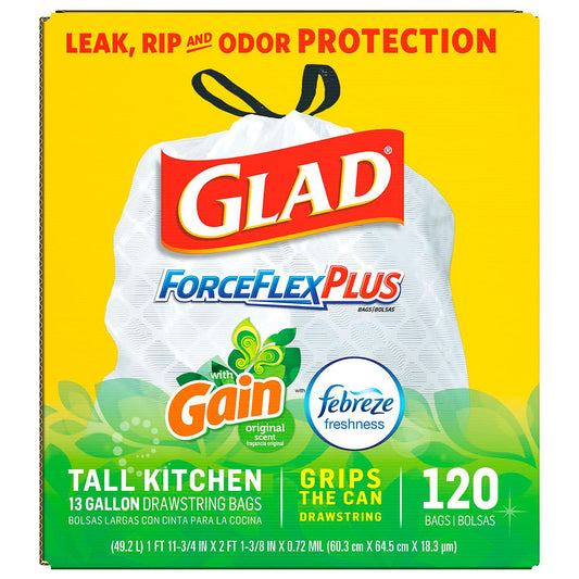 Glad Tall Kitchen Drawstring Grey Trash Bags - ForceFlex Plus with Clorox, Lemon Fresh Bleach Scent (13 gal, 120 Ct.)