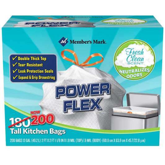 Member's Mark Power Flex Tall Kitchen Drawstring Trash Bags Unscented (13  gal., 200 ct.)