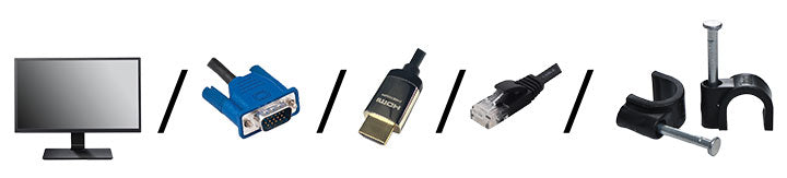 Monitor, VGA Cable, HDMI Cable, Network Cable, Cable Clips