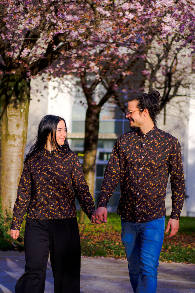Vintage-inspired Liberty of London fabric shirt with colorful floral print, handmade in Switzerland. Limited edition of 30 pieces, available in men's slim fit, women's boxy fit, or custom-made. Silky-smooth and luxurious to the touch