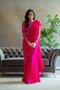 Hot pink Draped saree with Chikankari Blouse