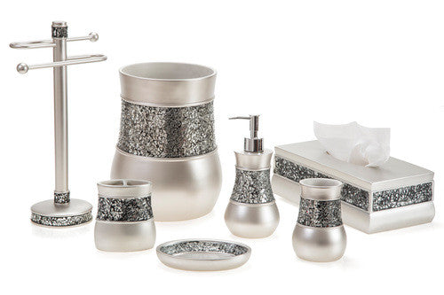 Creative Scents Silver Bathroom Accessories Set - Mosaic Glass 6 Piece Bathroom Set Includes: Toilet Brush and Holder Set, Tissue Box Cover, Toothbrus