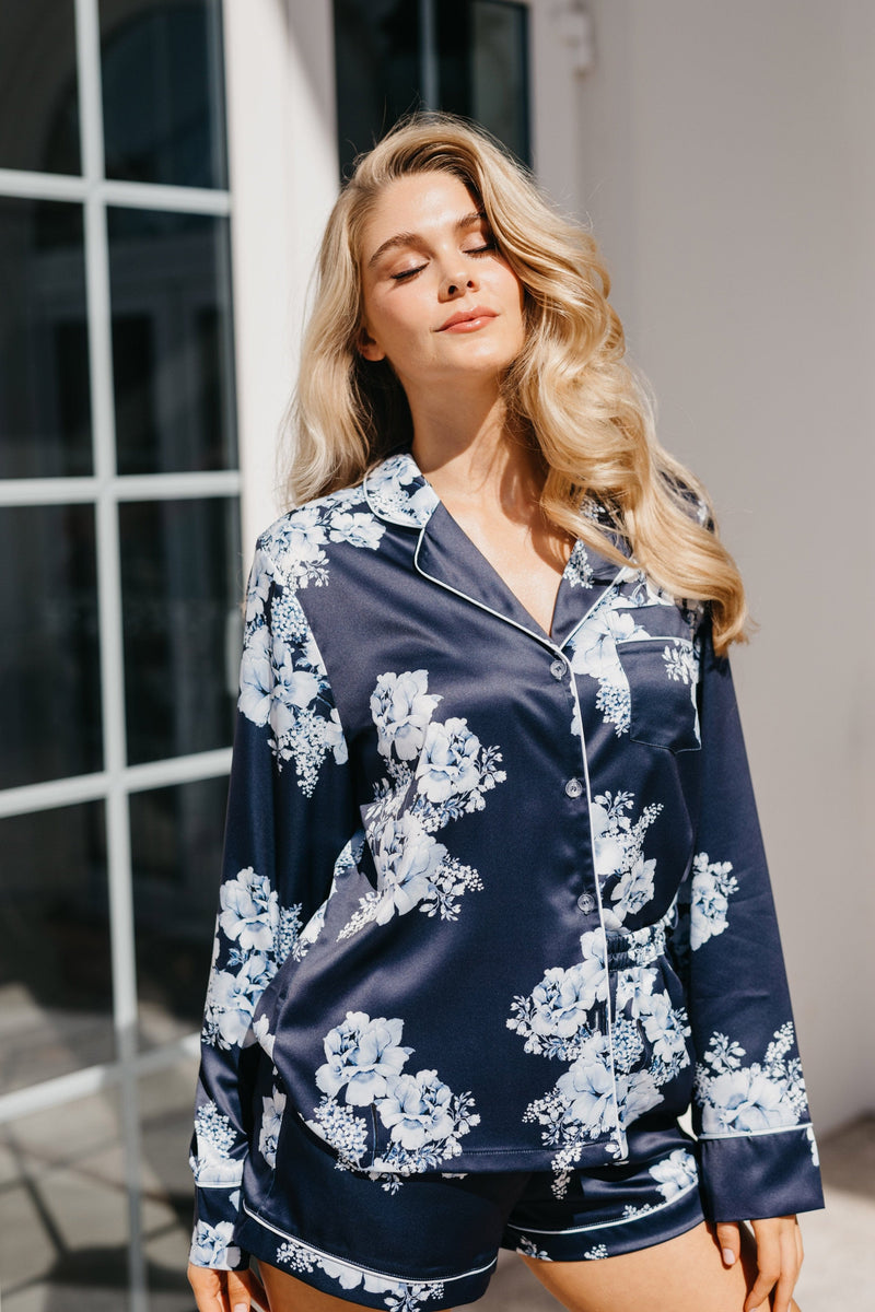 FLORAL PRINT SATIN SHIRT - Blue / White