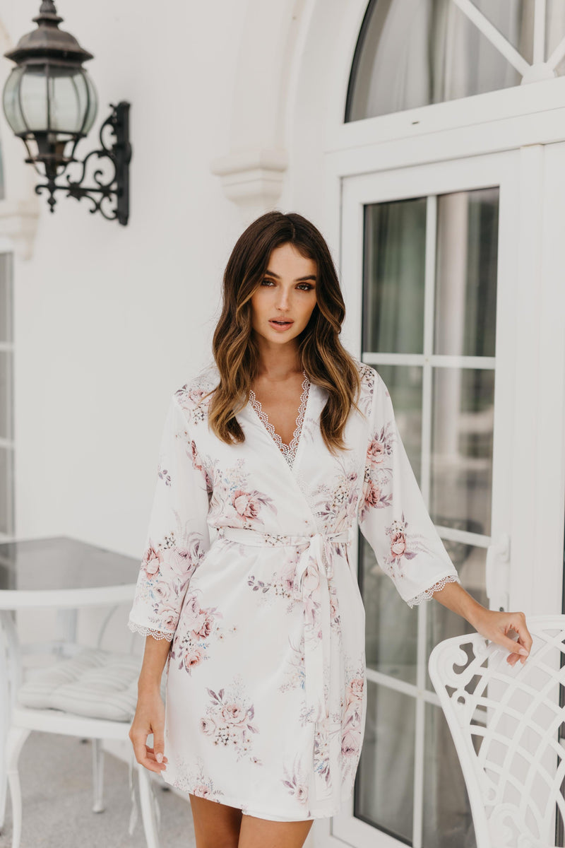 Maxi Floral Satin Lace Trimmed Robe