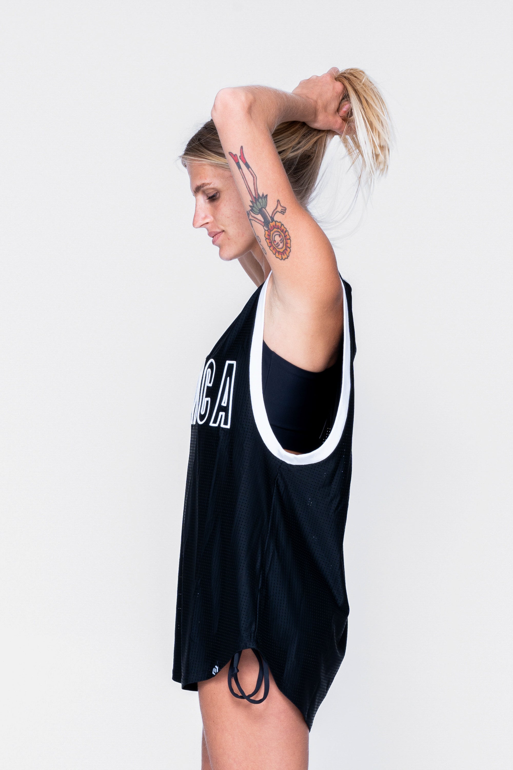 Black Bball Mesh - Sleeveless V Neck Exotica White Embroidered Boyfriend Tee