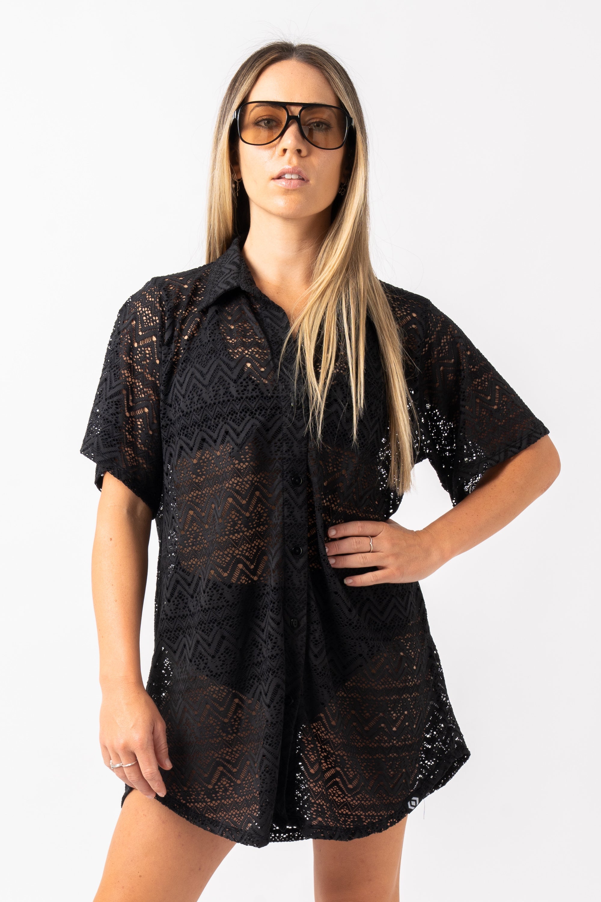 Black Bohemian Lace - Button Up Boyfriend Tee