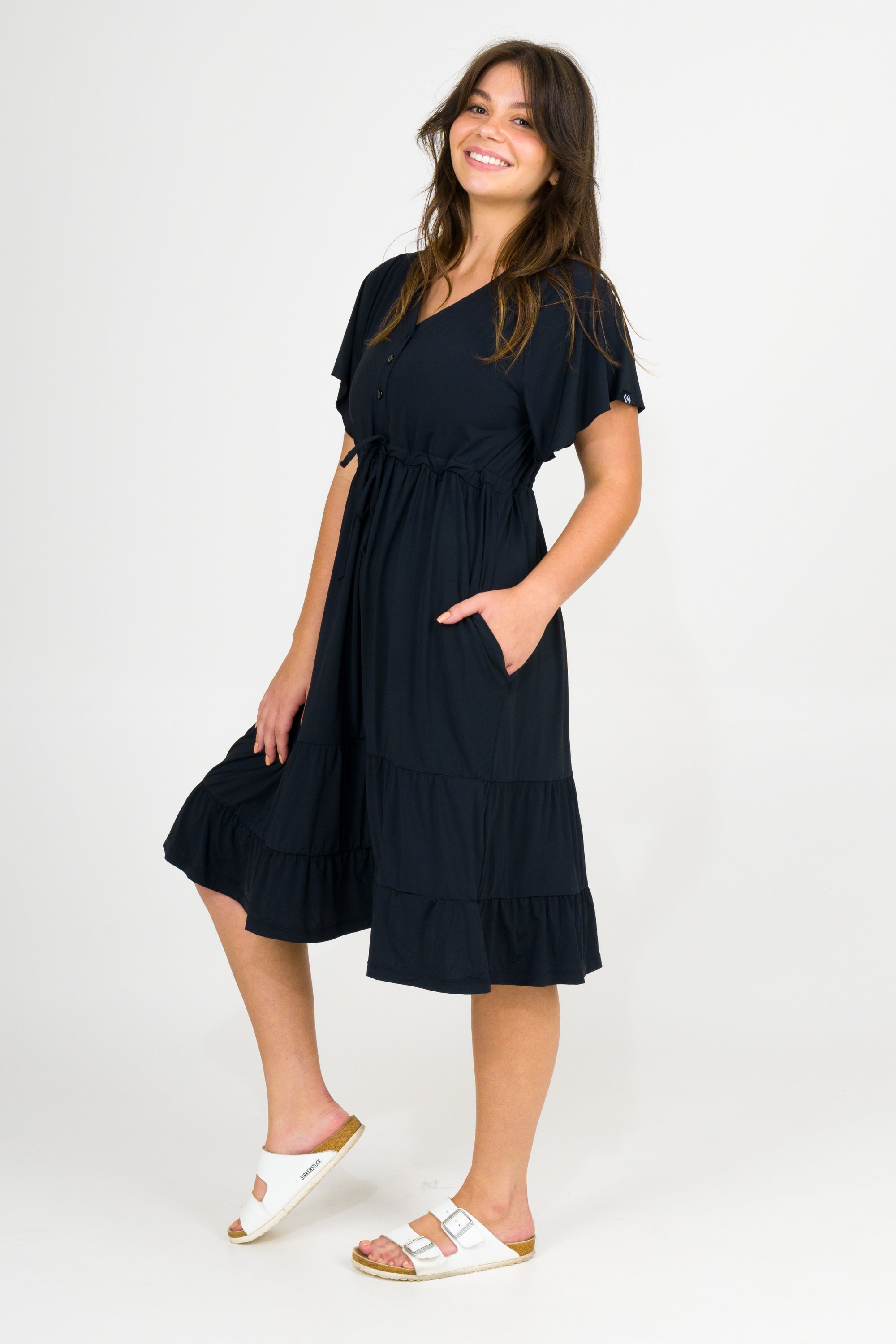 Black Slinky Silky - Button Up Drawstring Midi Dress