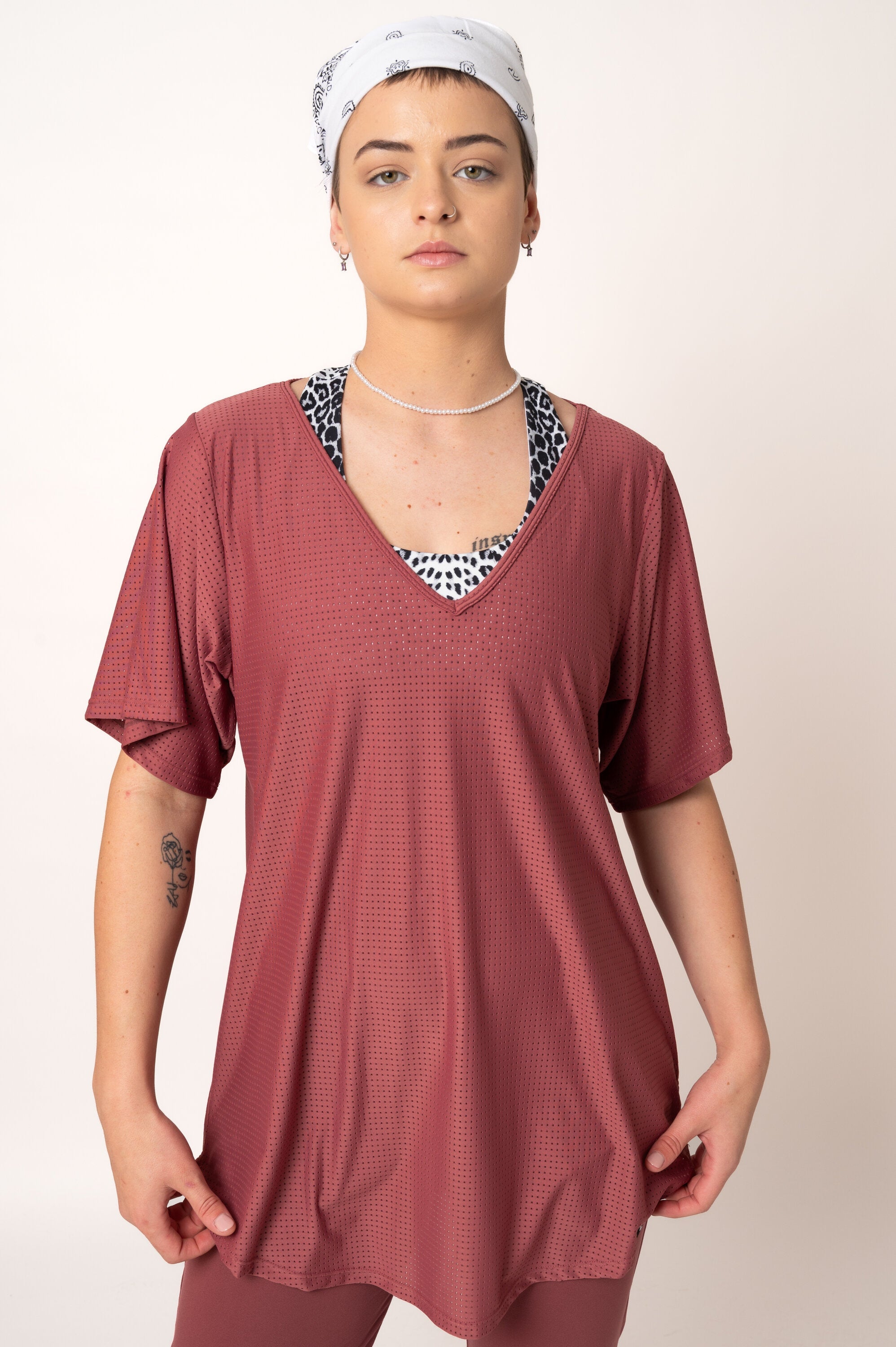 Dark Blush Bball Mesh - V Neck Boyfriend Tee