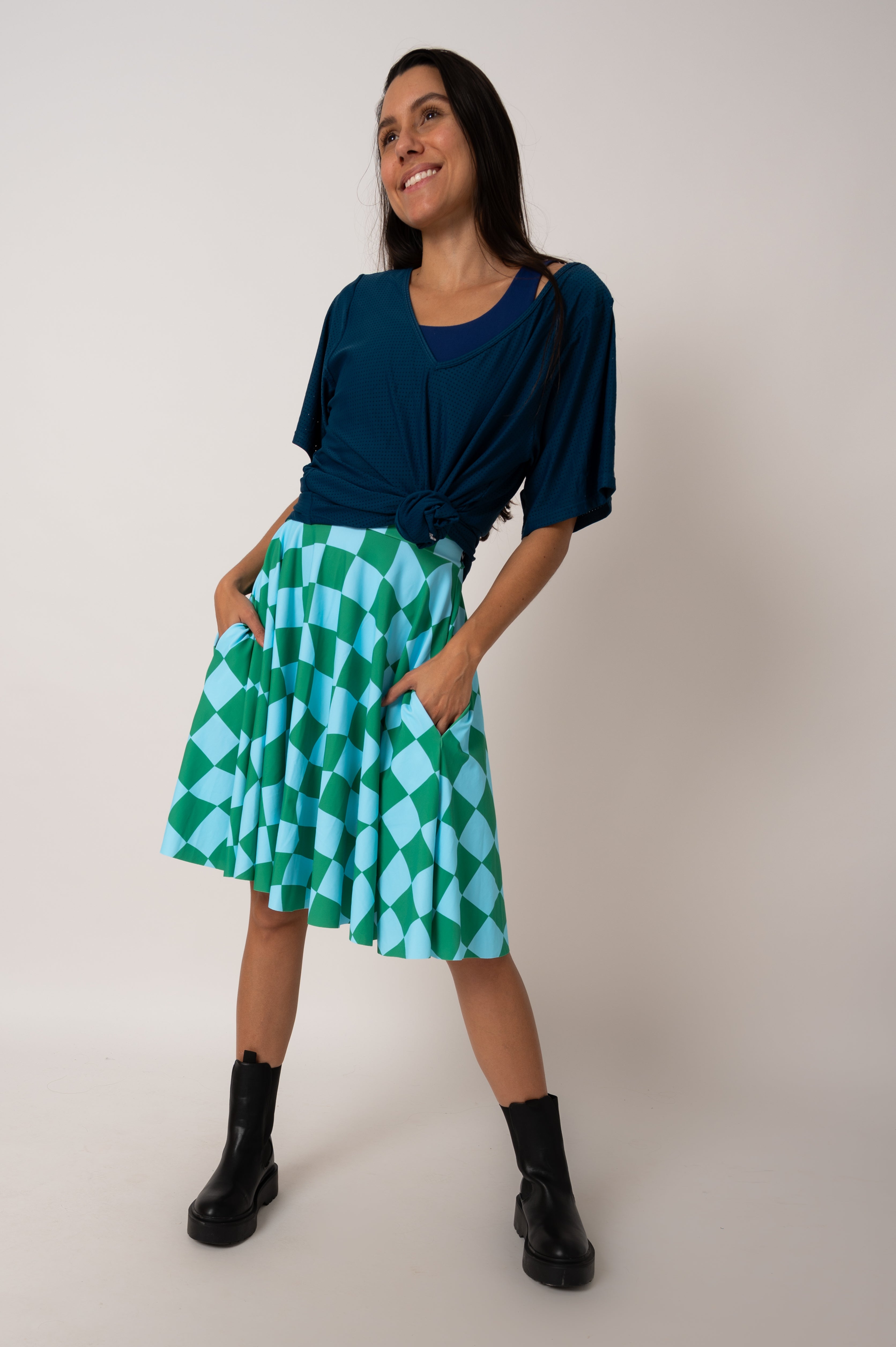 Off The Grid Green Silky - Narrow Waisted Midi Skater Skirt W/ Pockets