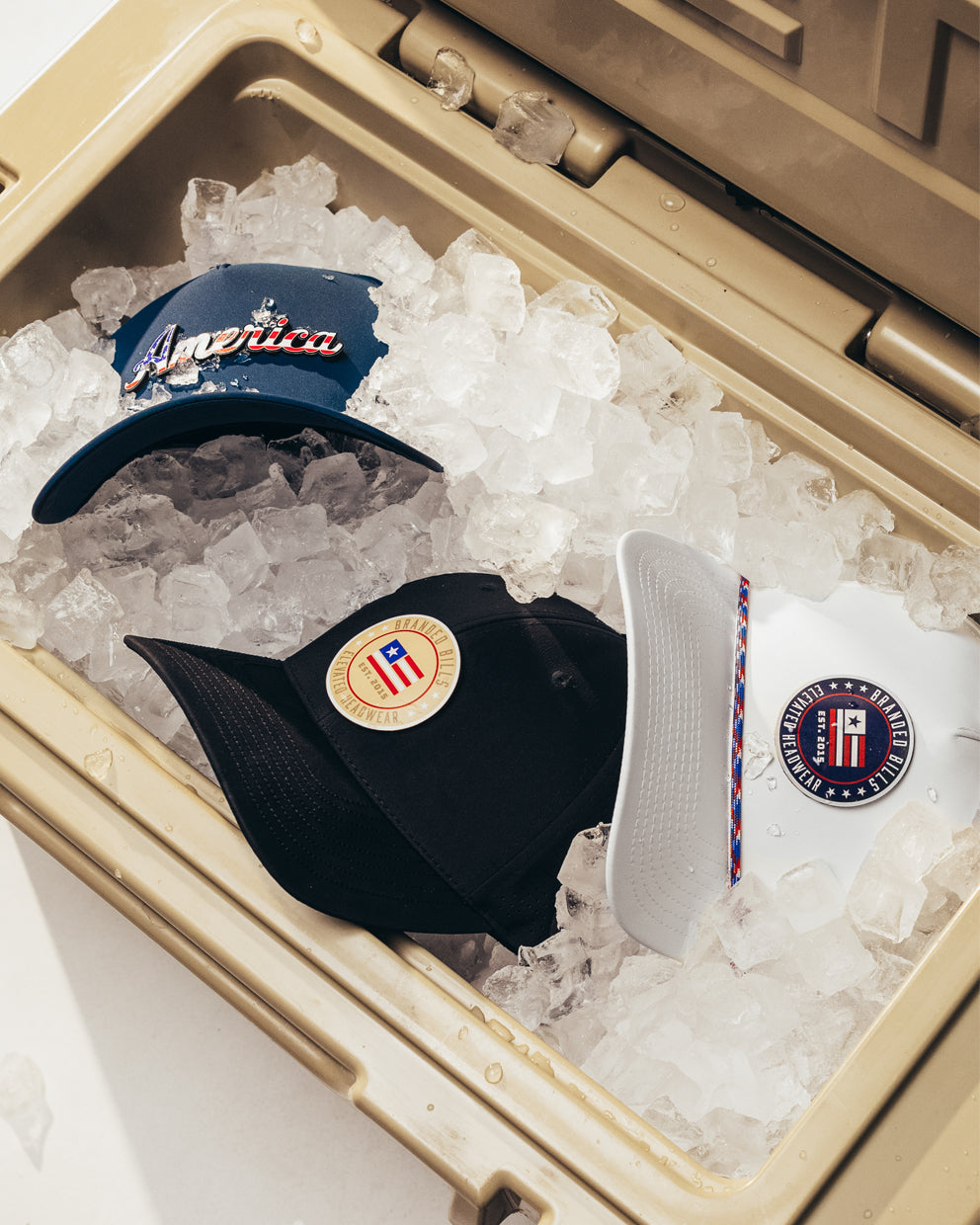 USA hats in a cooler of ice