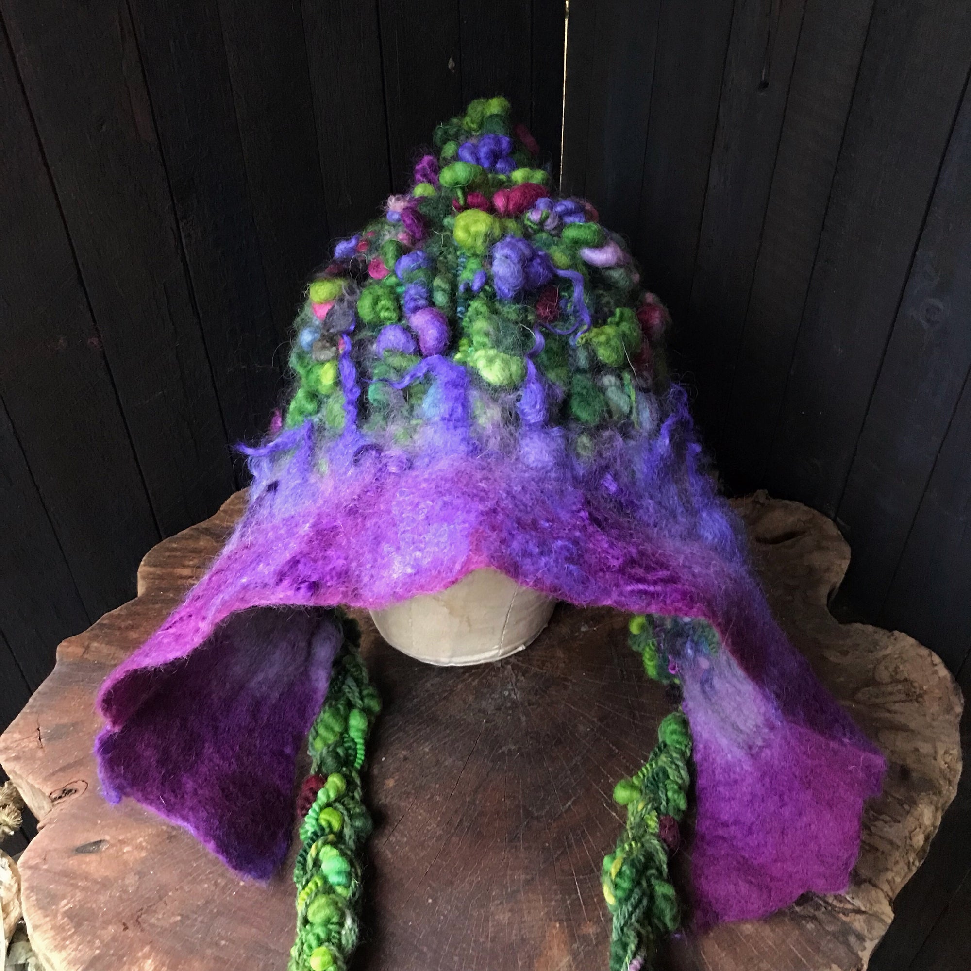 Green GIANT fairy hat | hand woven and felted Hooded hat - Mynoush