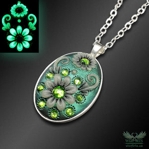 *Flowers of the Night* Handmade, Glow-in-the-Dark Oval Necklace (2) - wizArts