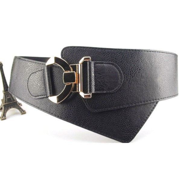 Women's Metal Buckle Waist Belt Faux Leather Elastic Wide Waistband