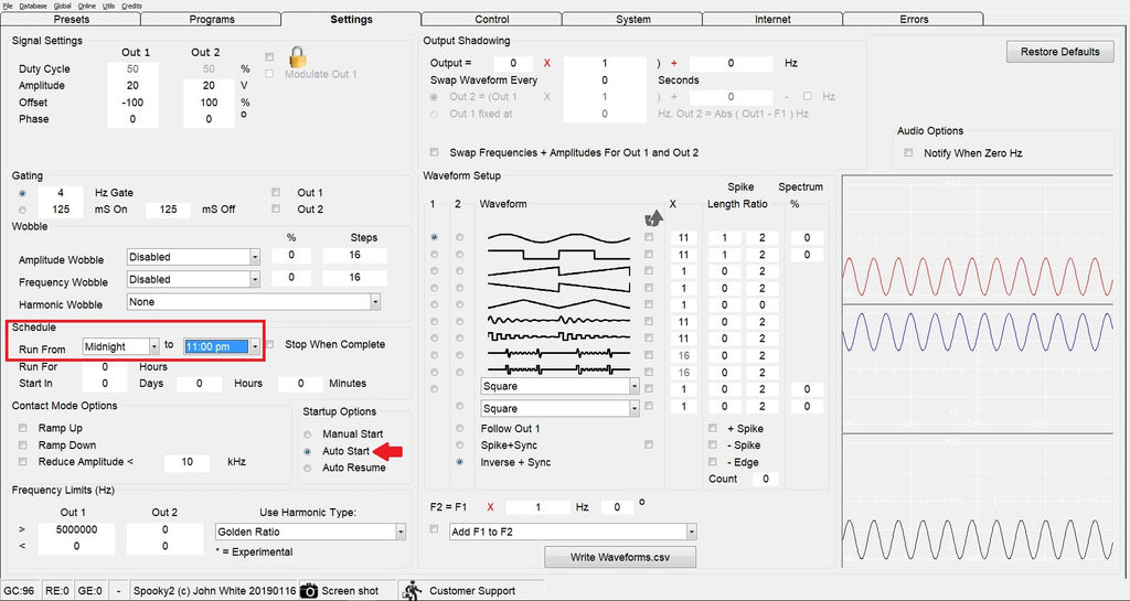 Spooky2 Software Schedule Settings