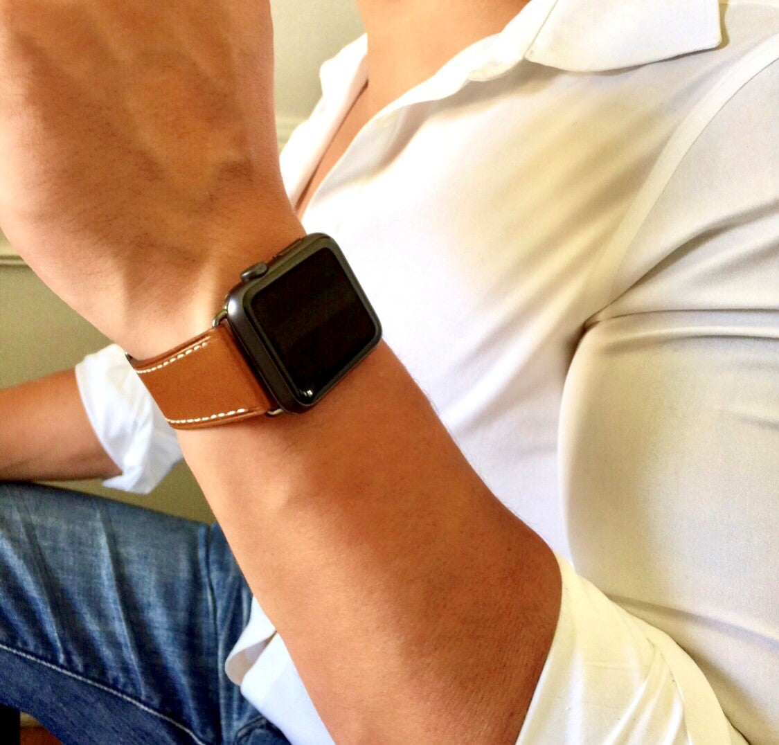 Juxli Home Chilli Brown  Apple Watch Leather Replacement Single Tour Band worn by man with White Shirt