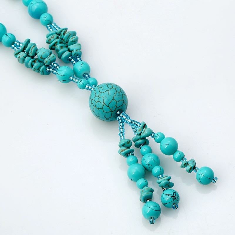 Penelope Turquoise Beaded Long Tassel Necklace