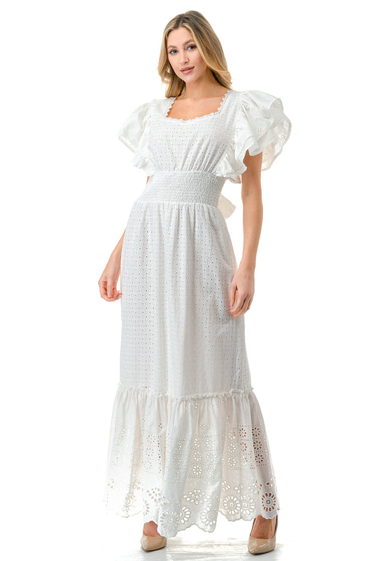 Floral Printed Eyelet Flutter Sleeve Maxi Dress – Solitaire