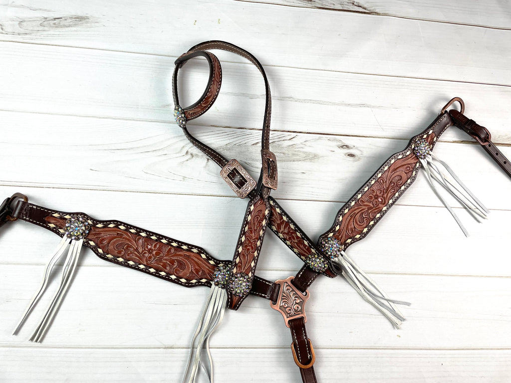 Brown Leather Tooled White Buckstitch Tassel Tack Set – Cowgirl Barn & Tack