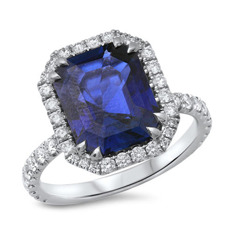 5.08ct Emerald Blue Sapphire Ring with Diamond Halo in 18K White Gold