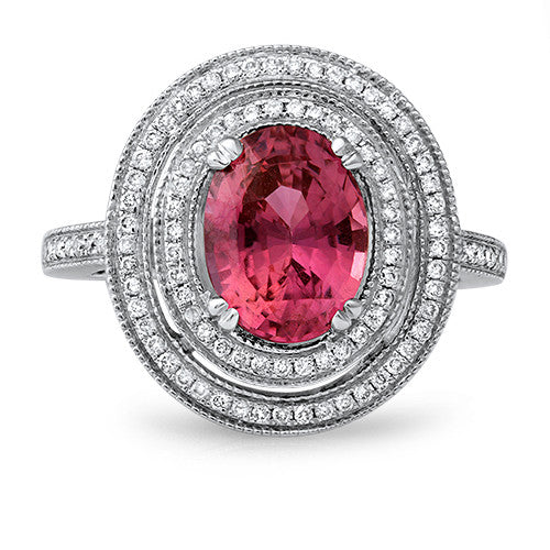 2.90ct Oval Pink Sapphire Ring with Double Diamond Halo in 14K White G ...