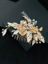 AUTUMN - Flower And Leaves Crystal And Pearl Hair Comb In Gold