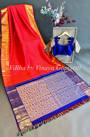Red And Royal Blue Kanchi silk saree and blouse