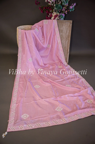 Pastel Pink And Antique Fuchsia Embroidered Saree And Blouse