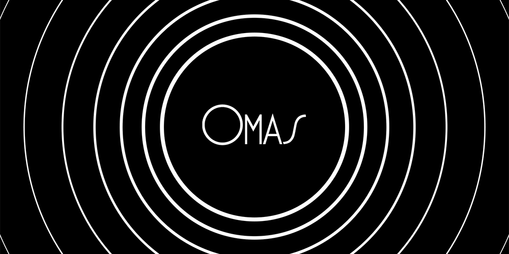 A black background with white concentric circles growing larger and a stylised word "Omas" in the centre