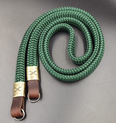 X Forest Green Flat Rope -Dark Brown Leather Camera Strap - Bronze X, Hyperion Handmade Camera Straps