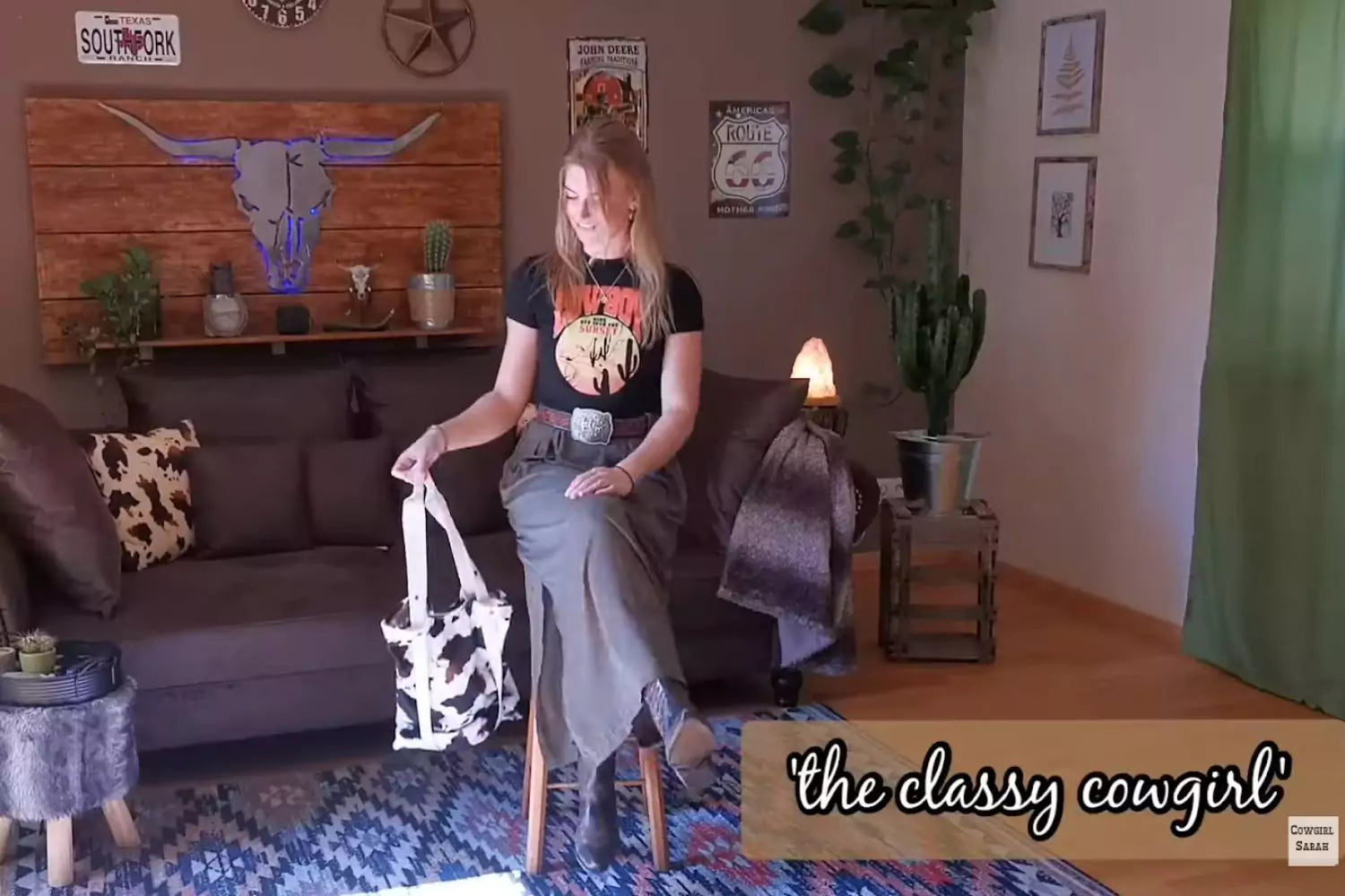 spring cow girl outfit with Babette Skirt, Cow Fur Bag, and Graphic T-Shirt