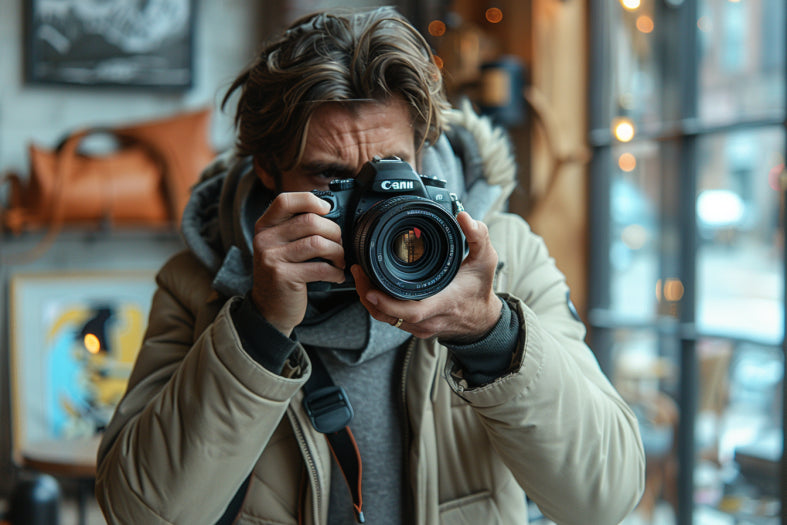 A photographer portrait that he takes a camera
