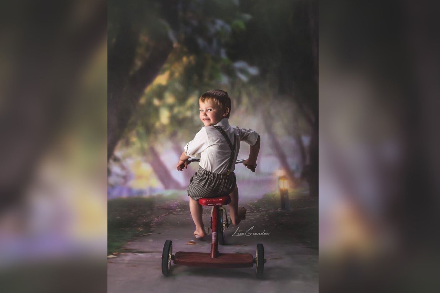 photo of a boy riding bike with Kate Foggy Path Backdrop Designed by Lisa Granden